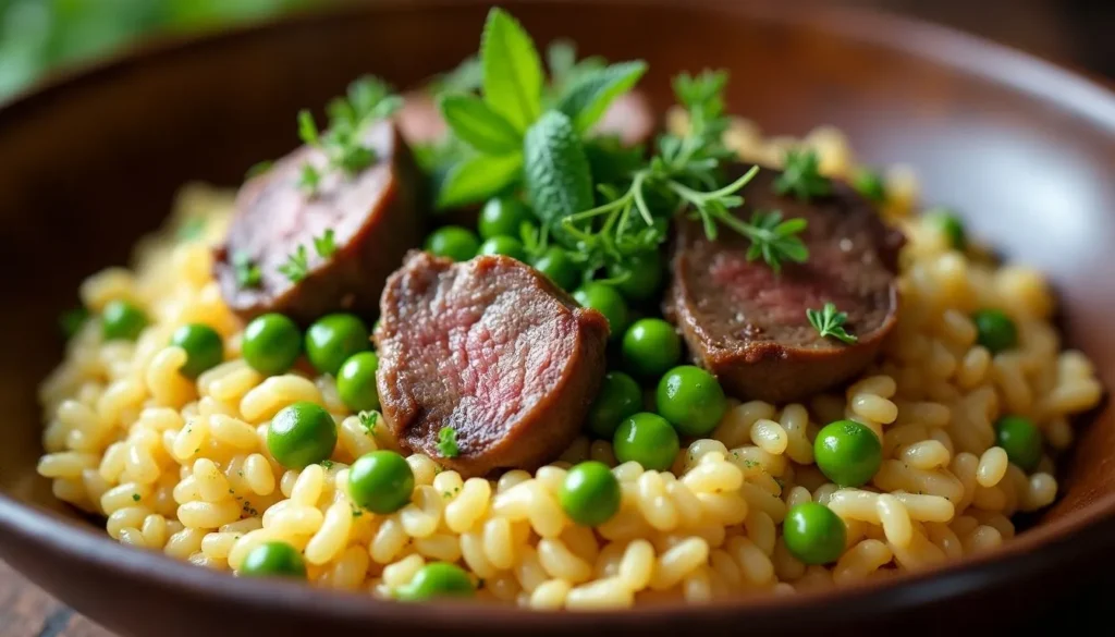 Risotto cremoso con cordero jugoso y guisantes verdes, servido en un plato rĂşstico con hierbas frescas.