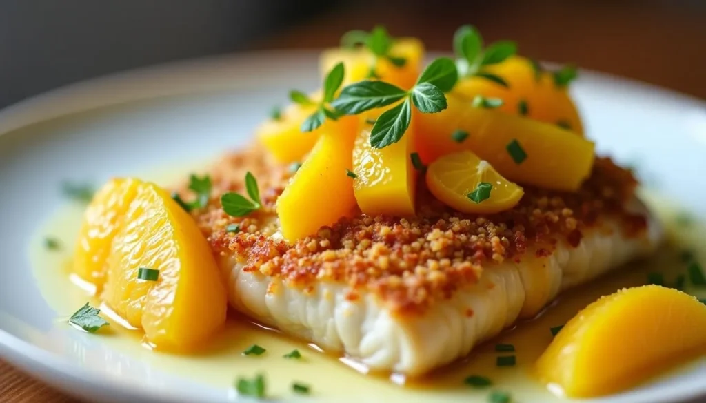 Pescado en costra acompañado de trozos de mango y naranja, decorado con hierbas verdes y servido con una salsa tropical.