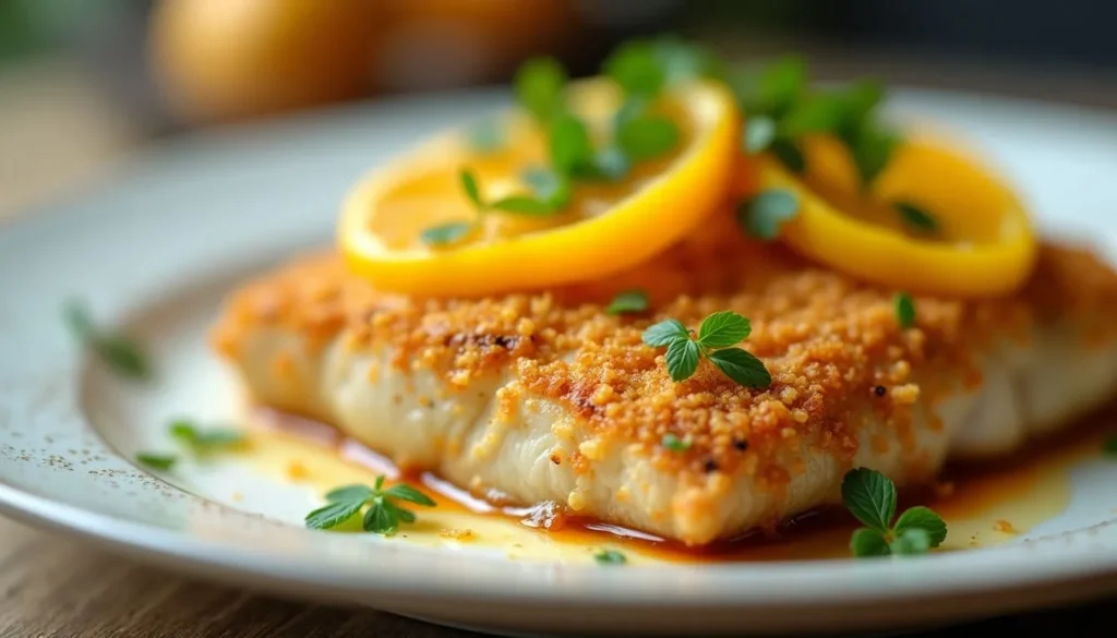 Filete de pescado en costra dorada con rodajas de naranja y hierbas frescas, servido con una salsa cítrica.