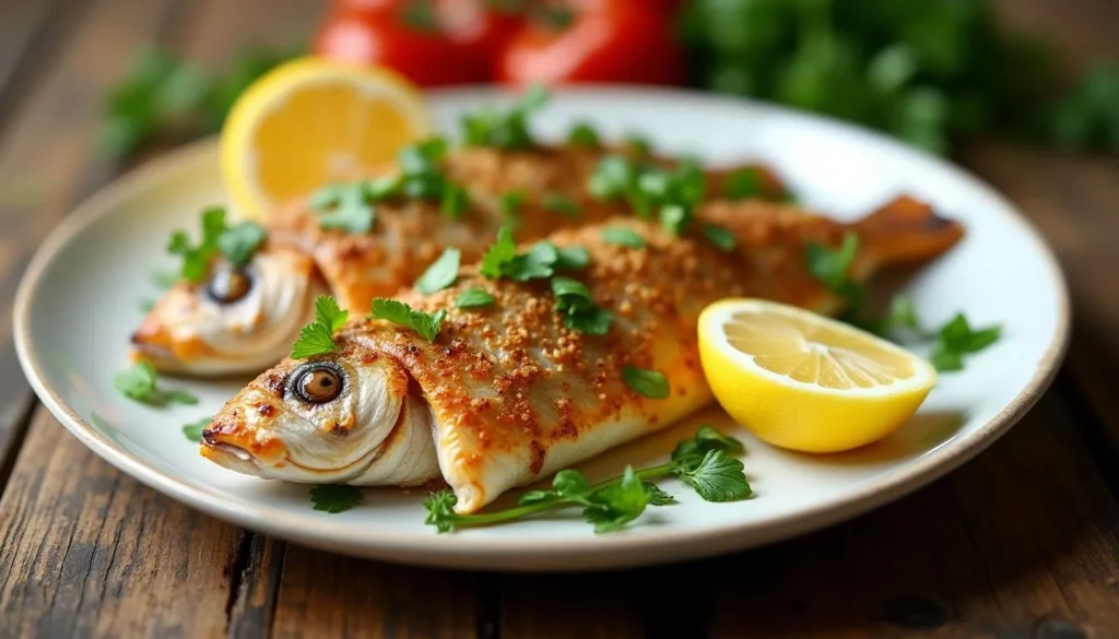 Pescado en costra crujiente acompañado de rodajas de naranja y trozos de mango, decorado con hierbas frescas sobre un plato blanco.
