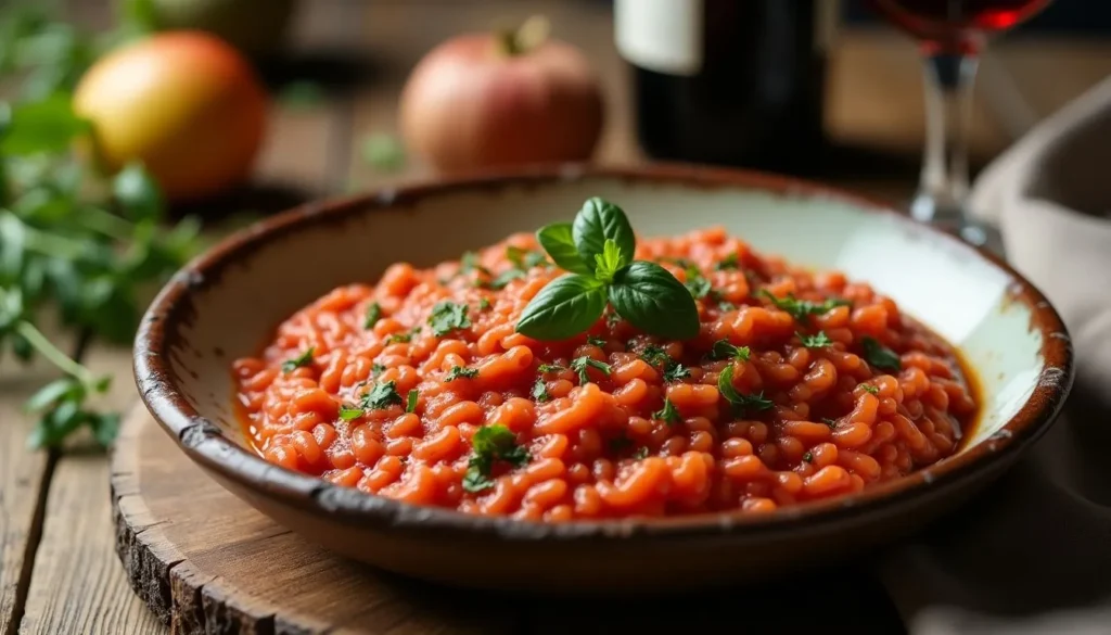 Risotto al vino tinto acompañado de tomates cherry frescos y una copa de vino.