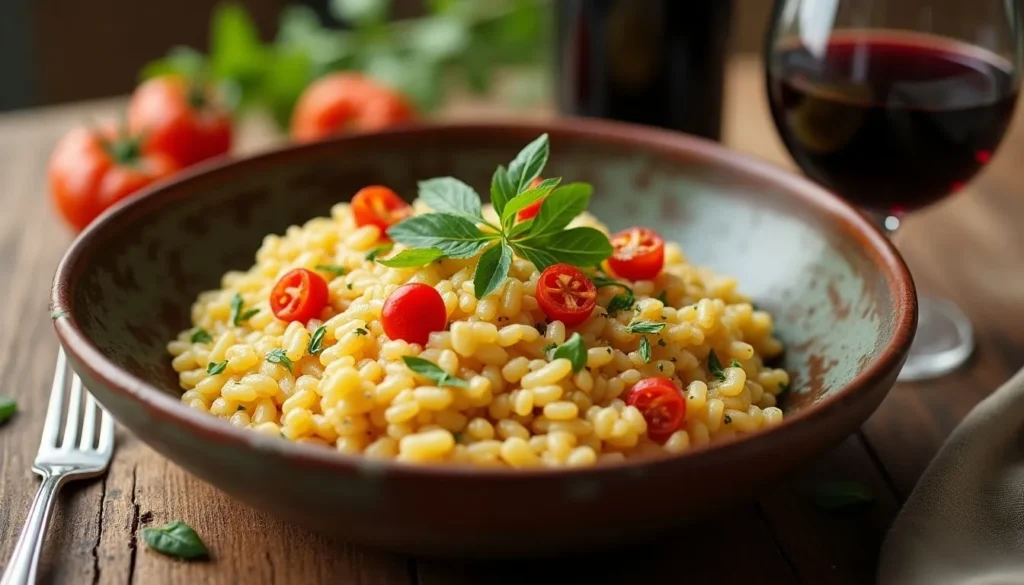 Risotto al vino tinto con perejil fresco, servido en un plato rústico.